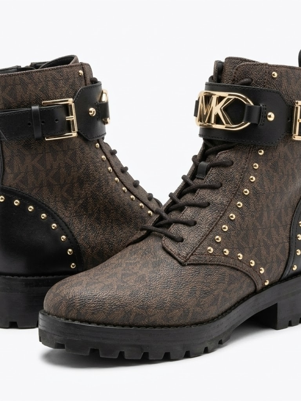 Michael Kors Kincaid MK Logo Studded Combat Boots Brown/Black